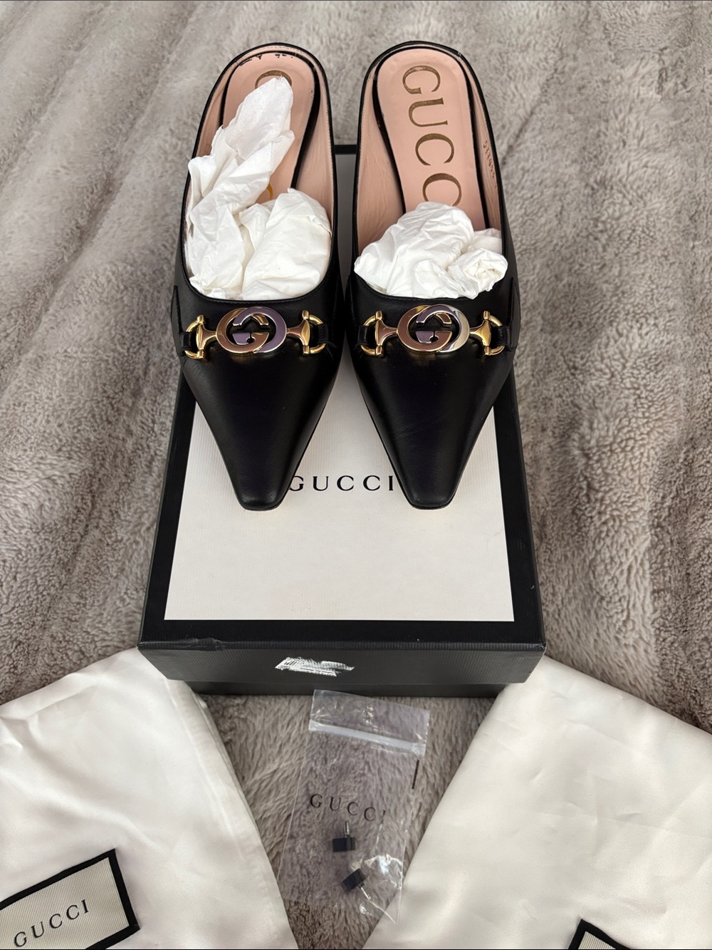 Gucci Black Leather Pointed Mule with Gold Horsebit Accent